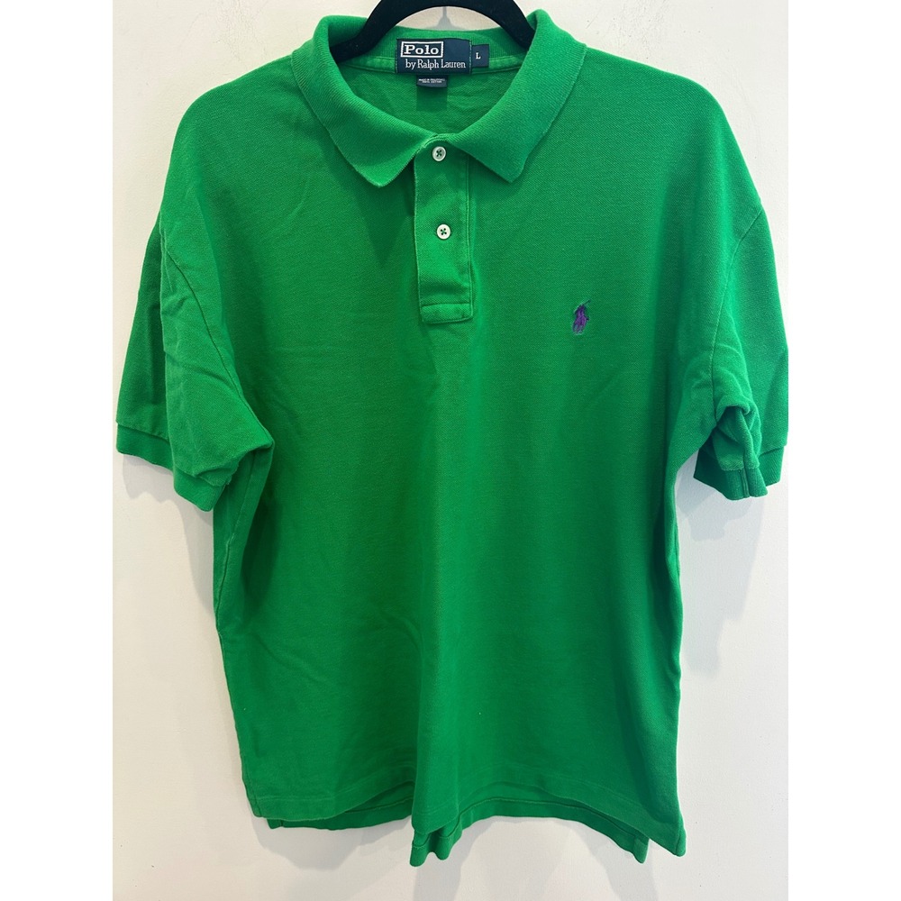 VTG Polo Ralph Lauren Mens Large Green Short Sleeve Cotton Polo Purple Pony
